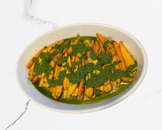 Roasted Carrots & Bean Purée with Green Basil Pesto