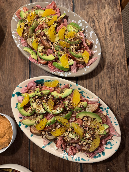 Roasted beetroot salad with orange, avocado and hazelnuts
