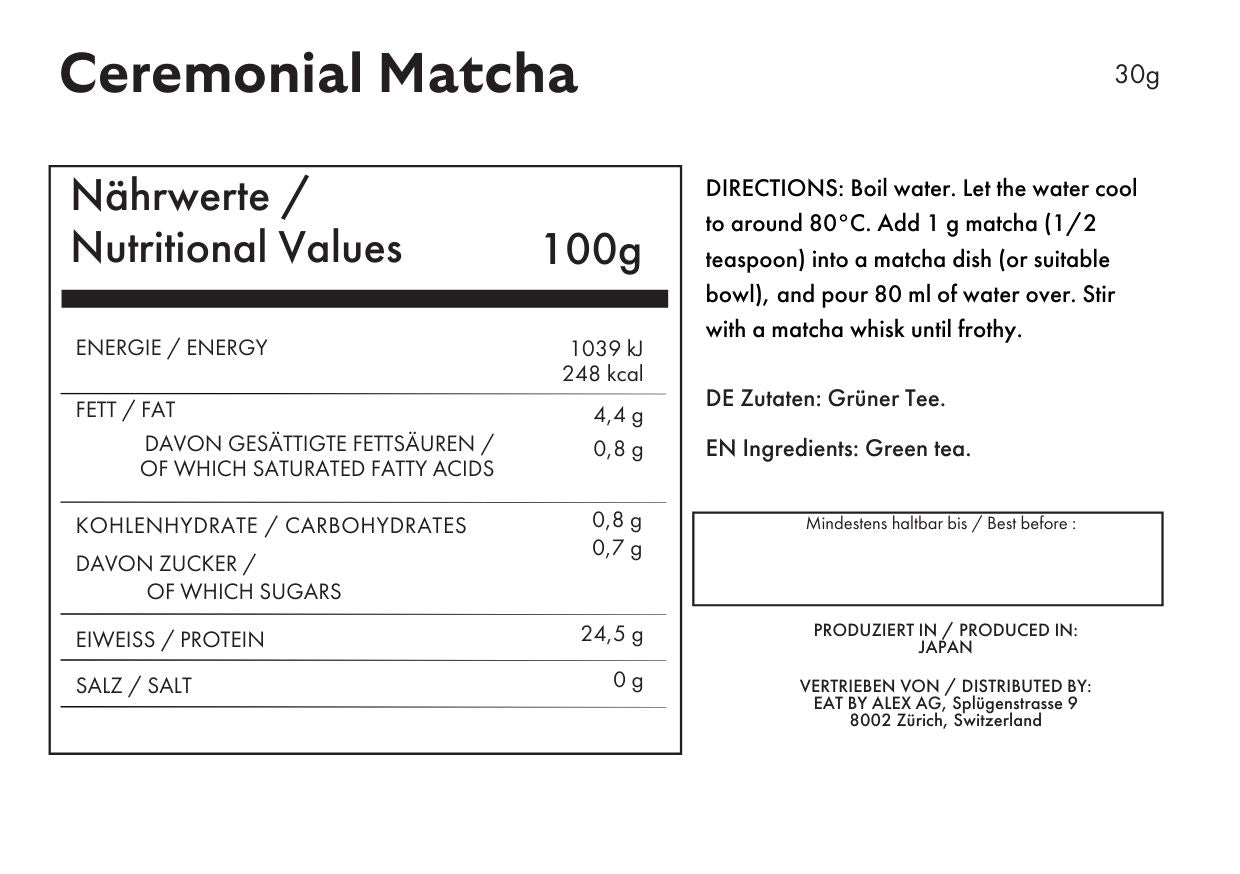 Nutritional panel and ingredient statement for Ceremonial Matcha.