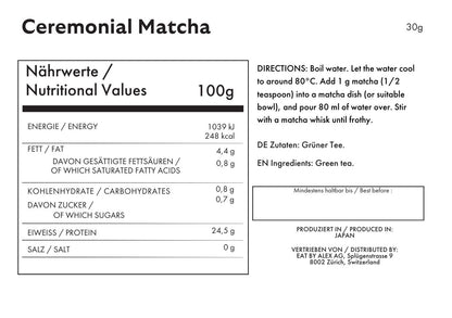 Nutritional panel and ingredient statement for Ceremonial Matcha.