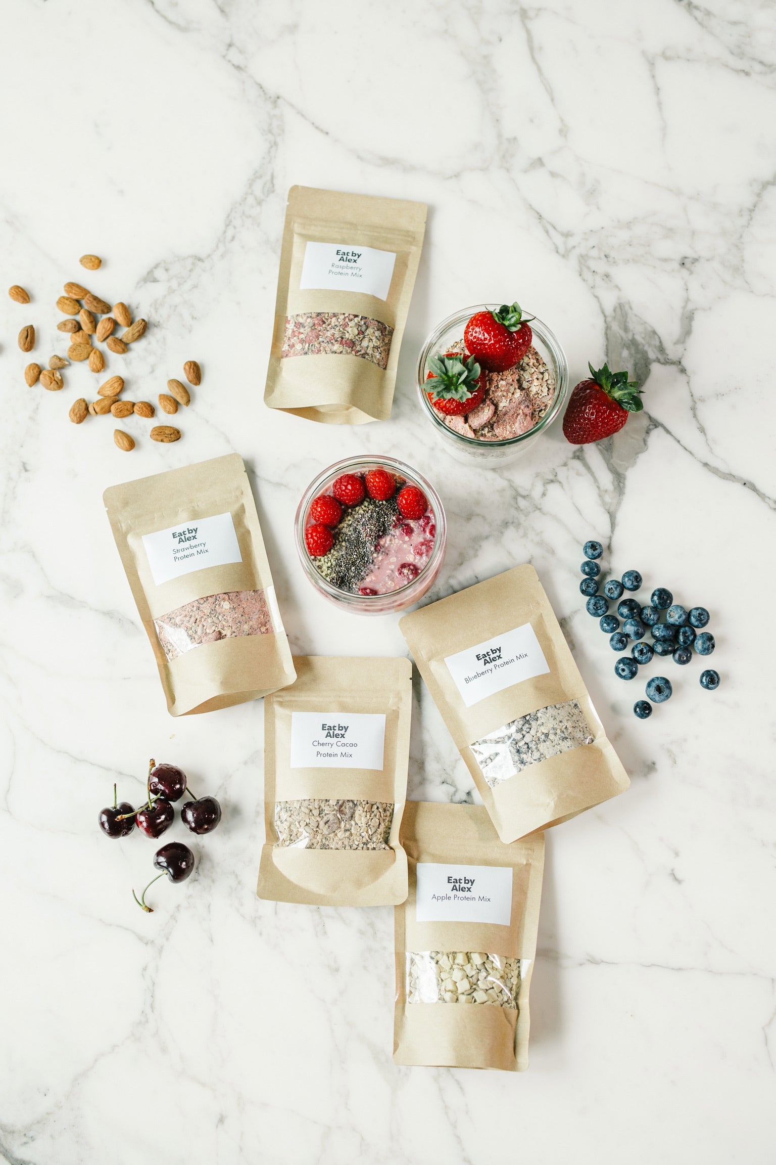 Assortment of five breakfast protein mix flavors included in the deSTRESS balanced diet program.