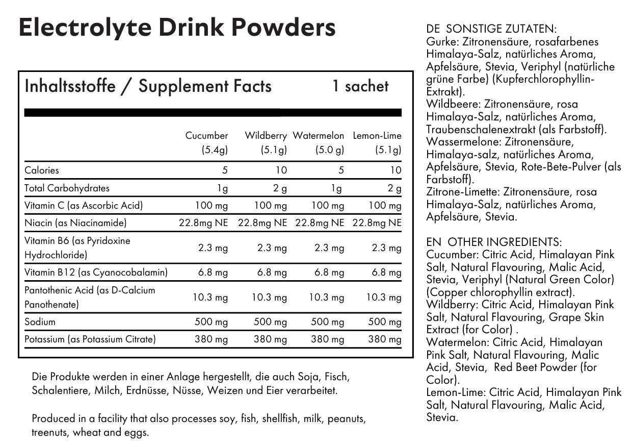 Nutritional panel and ingredient statements for four flavors of Hydrate electrolyte drink powders.